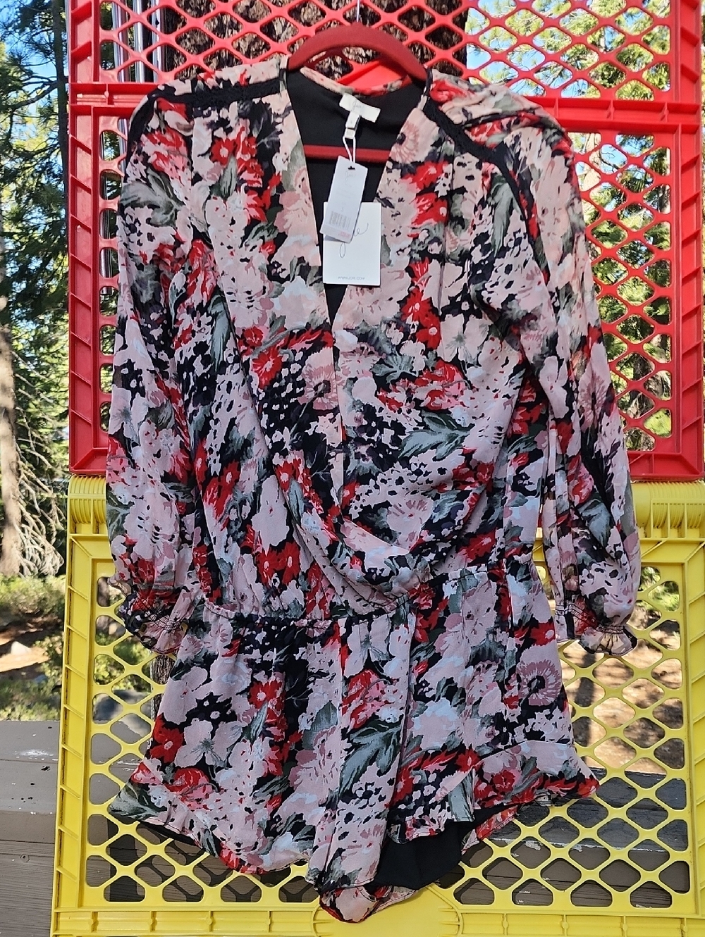 $388 Original Price...Joie Pink Floral Surplice Wrap Romper with Red Accents